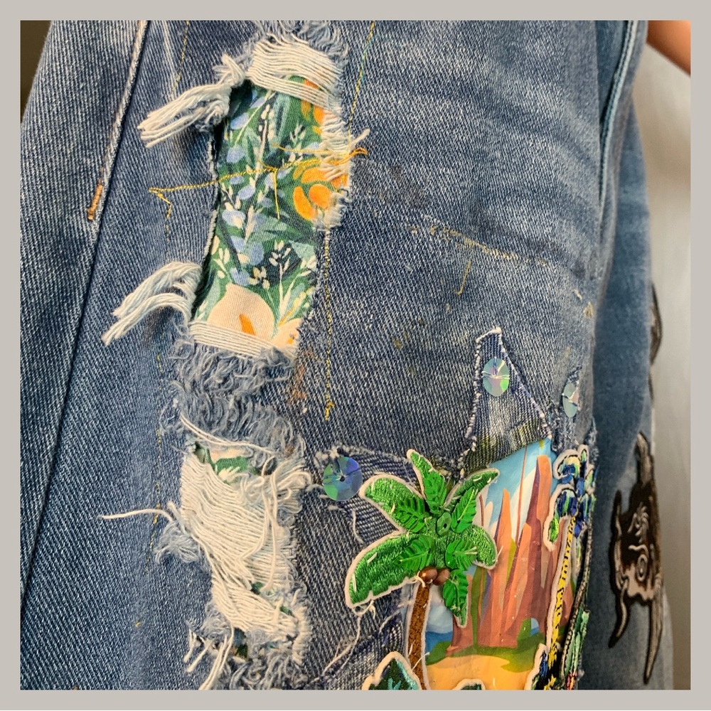 Upcycled Embroidered, Patched, and Distressed Barrel Jean with a Caribbean Theme - Picture 12 of 14